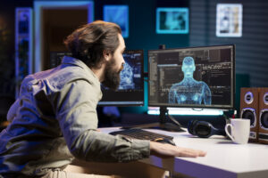 Self aware AI gaining anthropomorphic form inside cyberspace, shocking stupefied software technician. Artificial intelligence becoming sentient, surprising perplexed IT admin