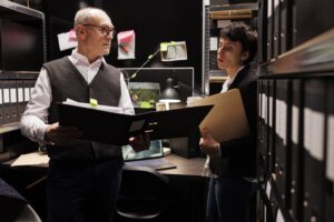 Private detectives discussing missing person evidence